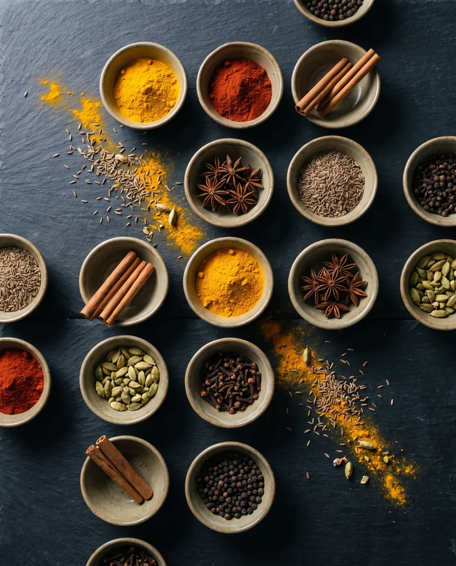 Cuencos con especias de colores: cúrcuma, pimentón, comino, canela y anís estrellado