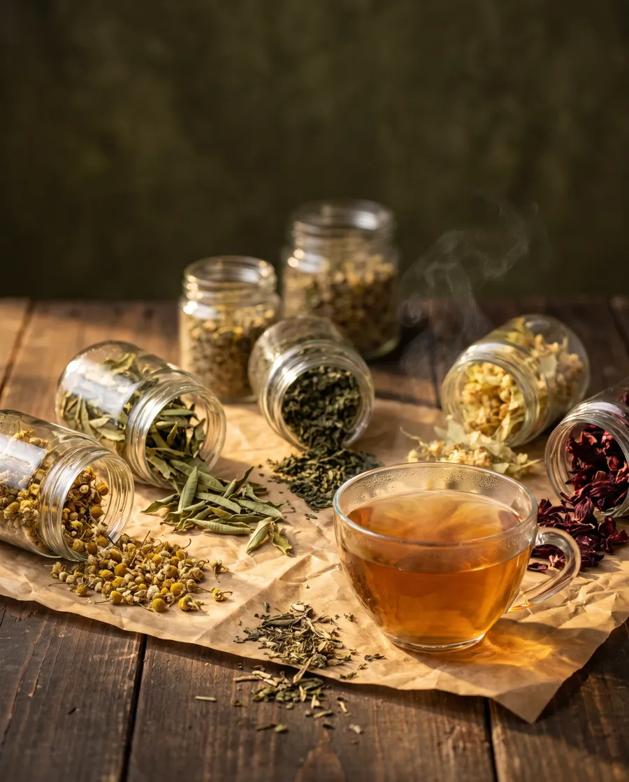 Frascos con hierbas secas para infusiones y una taza de té