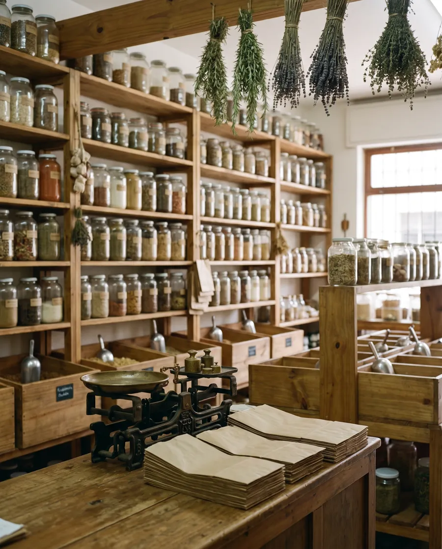 Estantes de madera con frascos de especias, granos y hierbas en una dietética estilo mercado