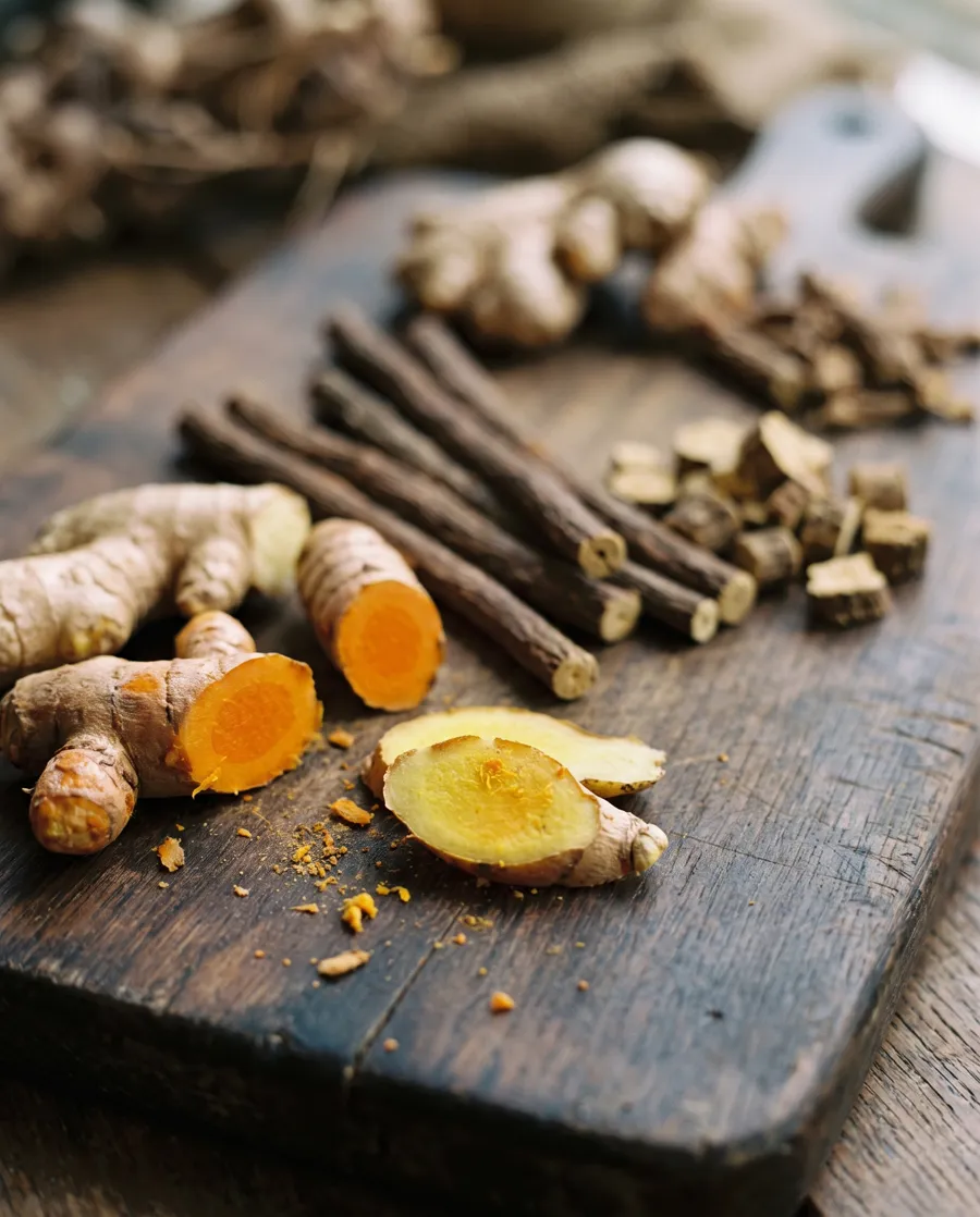 Raíces de jengibre y cúrcuma cortadas sobre una tabla de madera