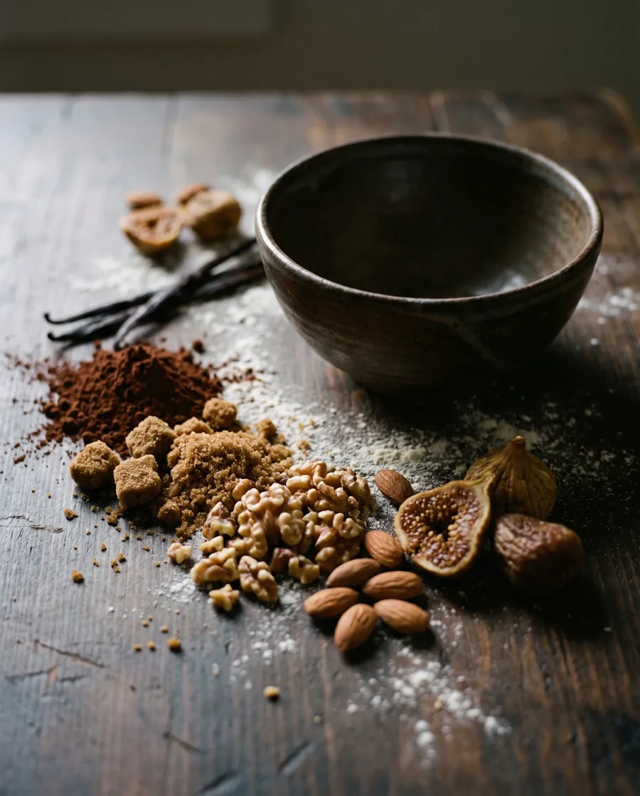 Cacao en polvo, azúcar mascabo, nueces, almendras e higos secos sobre madera