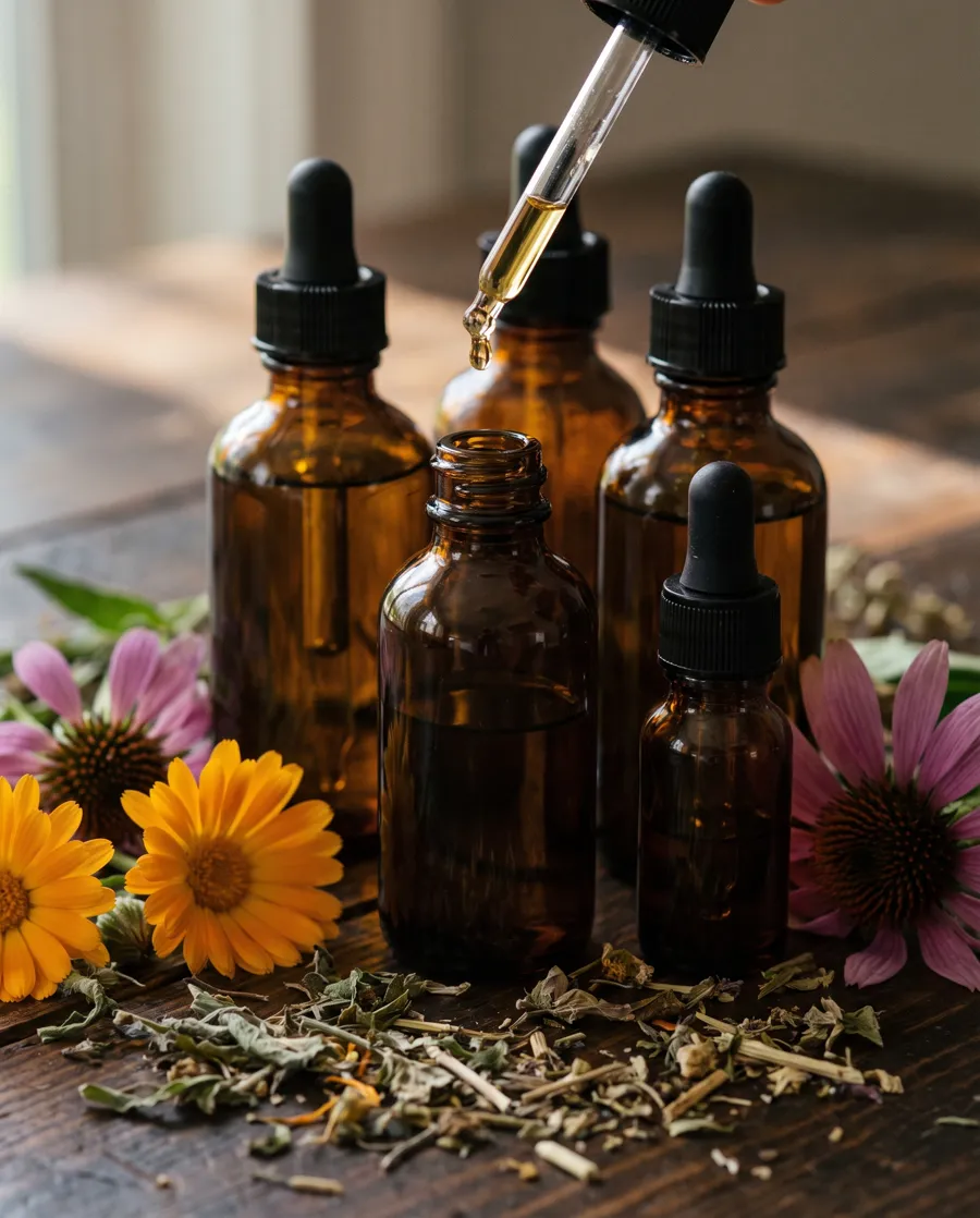 Frascos goteros de vidrio ámbar con tinturas madre junto a flores de caléndula